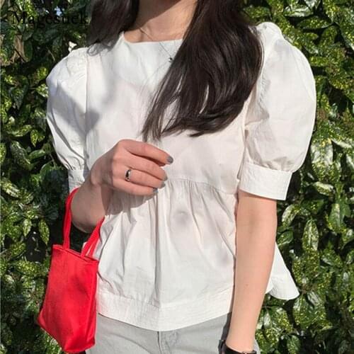 Korean Version Sweet Cute Round Collar Bubble Short Sleeve Shirt Summer New 2021 Solid Cotton White Blouse Blusa Feminina 14038