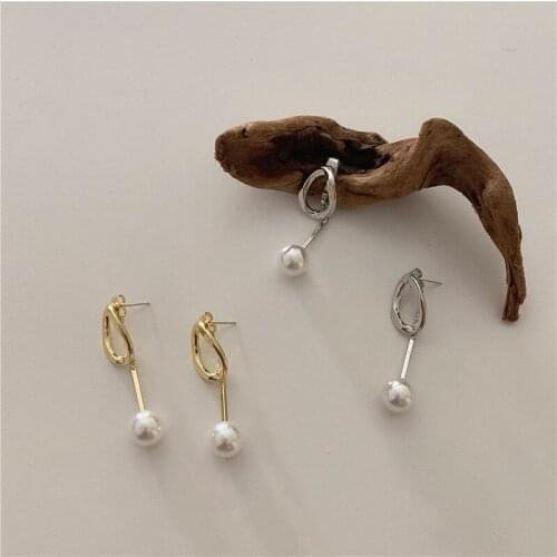 Minar Korean Elegant Round Pearl Earrings for Women Girl Gold Color Irregular Geometric Hollow Imitation Pearl Dangle Earrings