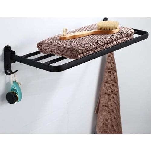 2 Size Black Hotel Towel Rack Space Aluminum Storage Rack Wall Mounted Towel Shelf Home Folding Rack Kitchen Storage Organizer