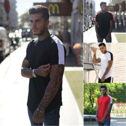 New Men Running T-Shirts Loose Summer Stripe Patchwork Fitness Sports Wear Exercise Home Gym Sportswear Soft 2020