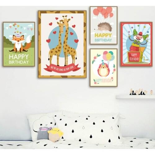 Happy Birthday Theme Poster and Prints Nordic Cartoon Animals Quotes Canvas Painting Wall Art Pictures for Kids Bedroom