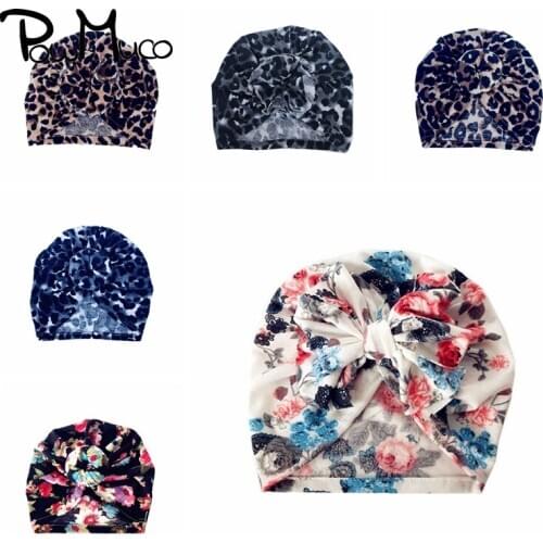 Powmuco Handmade Folded Flower Infant Hats Leopard Print Donut Caps Baby Girls Bowknot Headwear Newborn Accessories 6 Colors