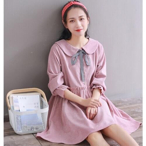 Plus Size Dresses Women Babydoll Style Teen Girls High Waist Kawaii Peter pan Collar Mori Girl Dress Long Sleeve robe mujer