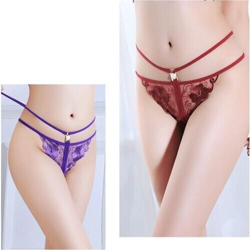 Sexy Lingerie Flower Embroidery Mesh Panties Women Pearl Sexy Temptation Perspective Low-rise Open File Thong
