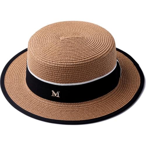 M Letter Ribbon Round Flat Top Straw beach hat Lady Boater Sun Hat Panama Straw Hats Fedora Womens Travel Sun Cap Men Gorras