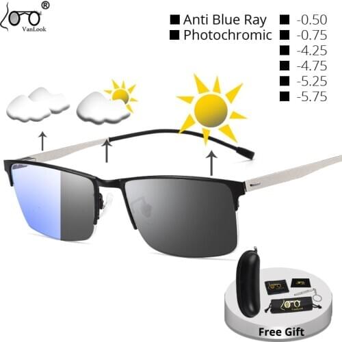Myopia Photochromic Sunglasses Screwless Eyewear Anti Blue Ray Computer Glasses For Men-0.50-4.25-4.75-5.25-5.75-6.00