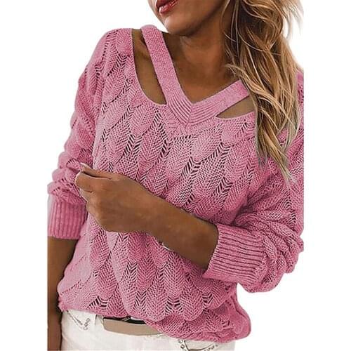 Women Autumn Winter Sweater V Neck Long Sleeve Solid Color Knitted Hollow Out Pullover Ladies Loose Sweater