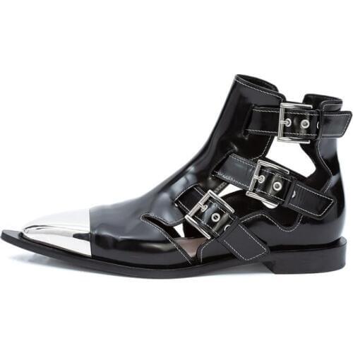 Moraima Snc High Quality Leather Rivets Studded Ankle Boots Woman Pointed Toe Buckle Strap Flat Shoes Punk Ridng Boots