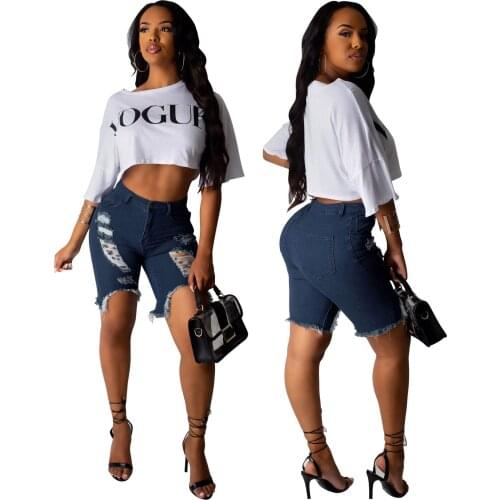 Women Sexy Hole Tassel High Waist Washed Stretch Knee Length Denim Jeans Capris 2021 Summer New Pantalon