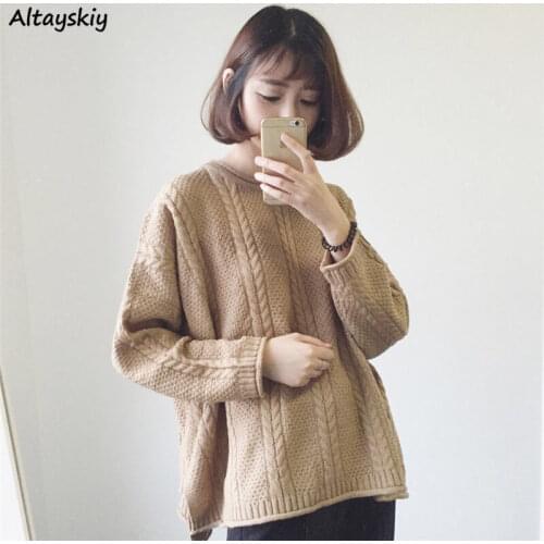 Pullovers Women Oversize 3 Colors Solid Cozy Minimalist Feminine Student Leisure All-match Ulzzang Loose Ins Elegant Trendy Lady
