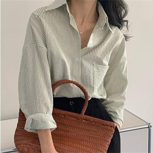 Alien Kitty Femme Casual Striped Womens Tops Business 2021 Lapel Autumn Lady Hot Loose Streetwear Elegant Shirt Chic New