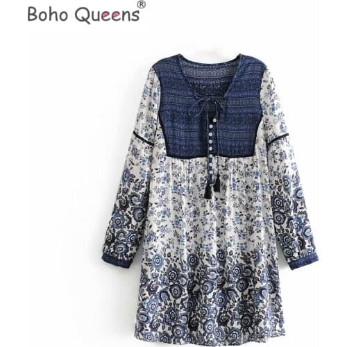 Boho Queens ethnic floral print long sleeve beach Bohemian mini dress Ladies tie neck happie dress vestidos