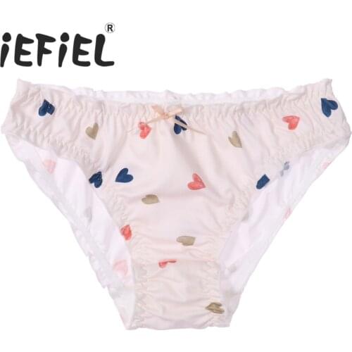 Sissy Crossdress Cosplay Briefs Low Waist Cartoon Colorful Hearts Print Ruffled Lace Bowknot Adorned Briefs Panties Underwear
