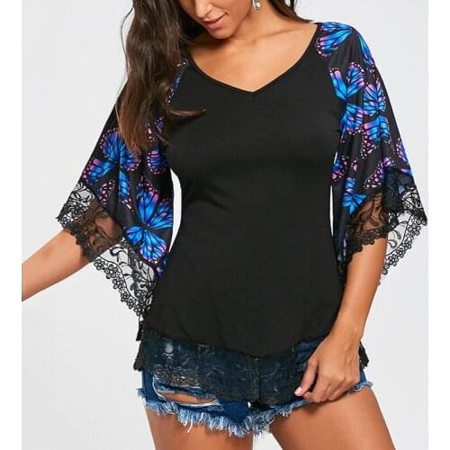 2020 Fashion NEW Womens Tops And Blouses Summer 3/4 Sleeve Sexy Lace Blouse V Neck Casual Tops Large Plus Size 4XL 5XL Top Tee