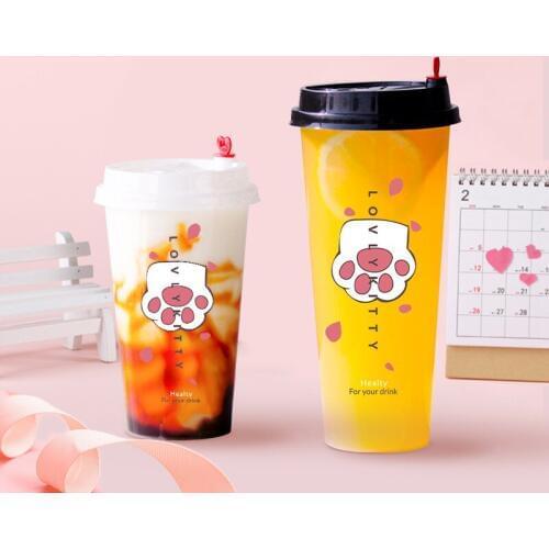 50pcs High quality 9cm caliber cold hot drink milk tea cup 500ml 700ml transparent fruit juice plastic cup with red love lid