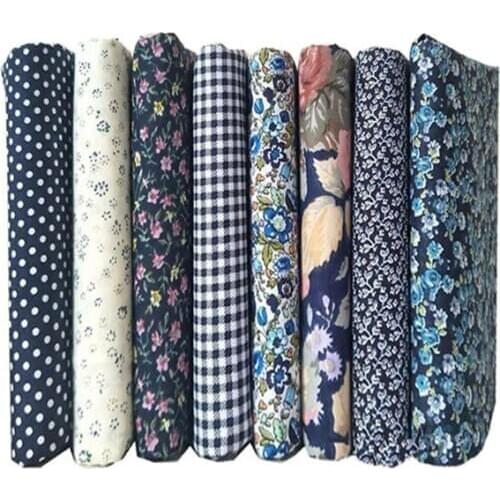 8pcs 25X25cm Dark Blue Cotton Floral Polka Dot Fabrics Bundle Printed Sewing Quilting Fabric For Patchwork Needlework DIY Cloth