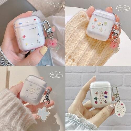Cute Fresh Flower Case for Apple Airpods 1 2 Case with KeyChain for AirPods Pro Bluetooth Earphone Protective Transparent Case