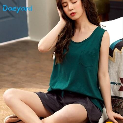 Daeyard Cotton Pajama Set For Women Sleeveless Vest Shorts 2 Pieces Pijama Summer Contrast Color Home Suit