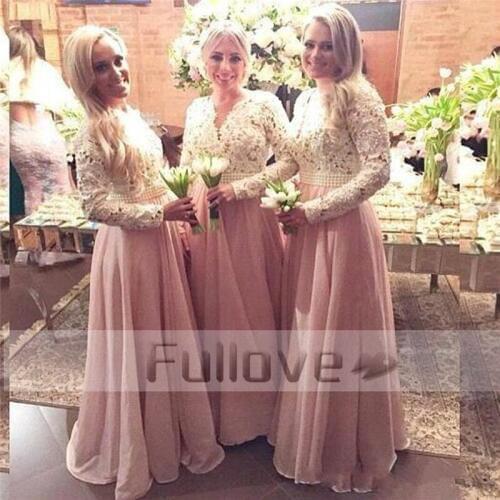 New Ivory Lace Prom Dress 2019 Long Sleeve Pearls Appliques Pink Formal Prom Dresses Party Gowns Vestido De Festa Abendkleider