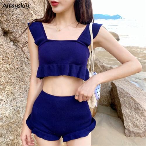 Bikini Set Women Ruffles Design Stylish Retro Korean Style Newly Swimsuit Simple High Waist Sexy Knitted Beach Wear Ins Swimwear