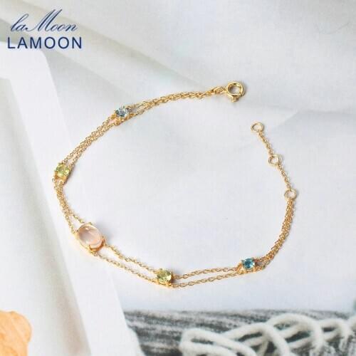 LAMOON 925 Silver Bracelet For Women Natural Rose Quartz Topaz Olivine 14K Gold Plated Fine Jewelry LMHI062