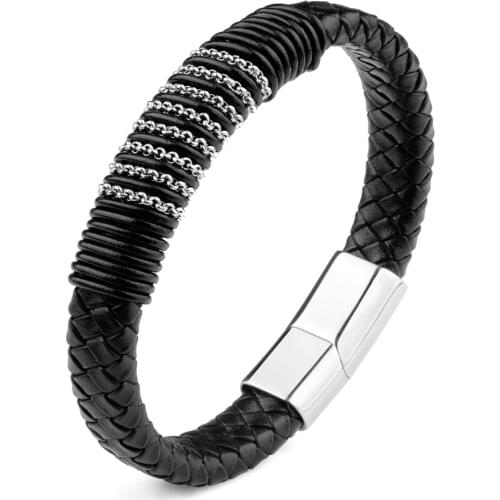 Punk Rock Stainless Steel Leather Bracelet Metal Chain Magnetic Clasp Charm Handmade Braided Simple Accessories For Men