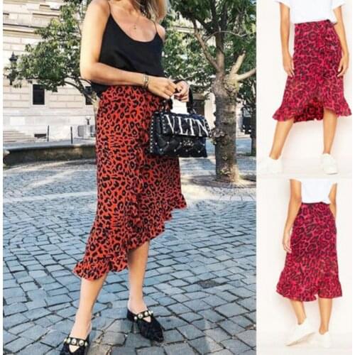 Fashion Leopard Midi Skirt Women Summer High Waist Ruffle Asymmetric Boho Vacation Skirt Casual Chiffon Knee-Length Jupe Skirt