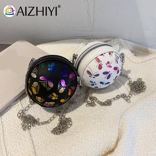 Fashion Women Spherical Shape Butterfly Printing PU Leather Shoulder Messenger Bag Casual Ladies Chain Mini Handbags Purse
