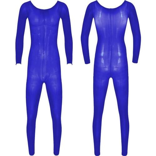 Mens Erotic Lingerie Bodystocking Glossy See-through Jumpsuit Slim Romper Solid Color Round Neck Long Sleeve Stretchy Bodysuit