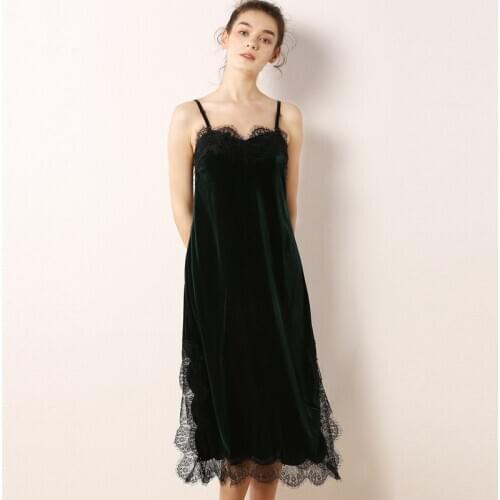 Autumn Sexy Eyelash Long Nightdress Sleeveless Spaghetti Strap Sleeping Dress Gold Velvet Lace Sleepwear Ropa Para Dormir Mujer