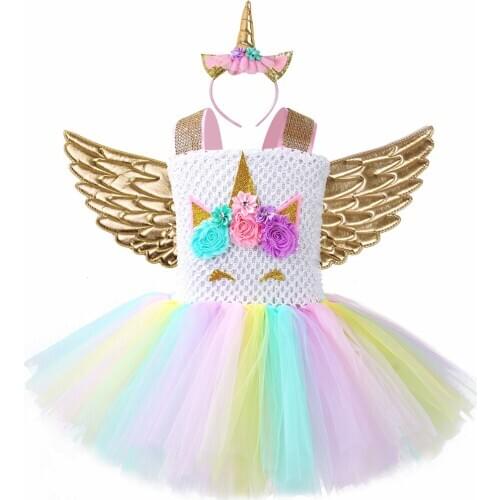 Pageant Unicorn Tutu Dress and Headband Kids Girl Flowers Birthday Party Dresses Children Halloween Christmas Costume Outfit