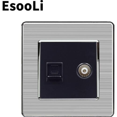 EsooLi 2 Gang RJ45 Internet Data Computer Jack CAT5e Connector With Female TV Outlet Stainless Steel Brushed Panel Wall Socket