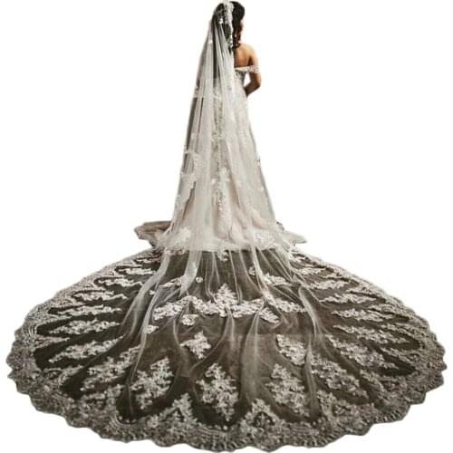 Luxury Cathedral Bridal Veils Lace Edge Appliques Wedding Accessories Studio Photo Taking With Hair Combs Custom Made Long Veils