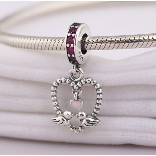 S925 Silver Pendant Bead Charm for Women Bracelet Bangle Love Birds Dangle Mixed Enamel & Multi-Colored CZ DIY Jewelry