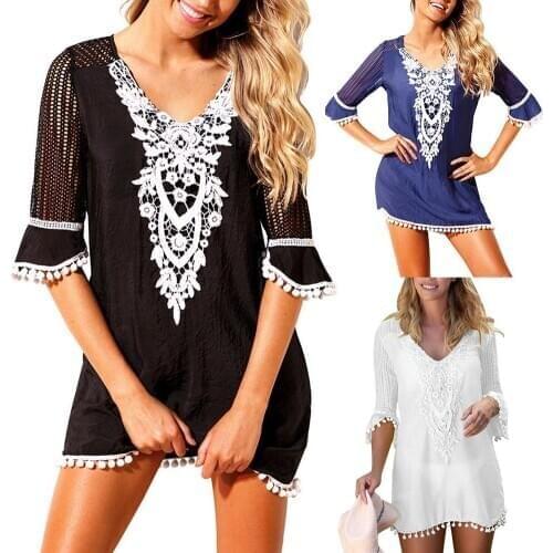Sexy Women Loose Beach Dress Summer Plus Size Lace Patchwork Pompom Women Swimwear Bikini Cover Up Dress Swimsuit Beachwear