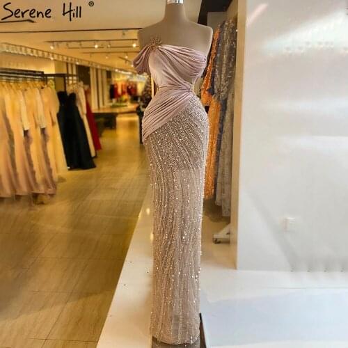 Serene Hill Nude Pink Luxury Beaded Velvet Mermaid Evening Dress 2021 Sexy Sleeveless For Women Formal Party Gown CLA71095