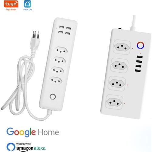Tuya Smart WiFi Power Strip Brazil Socket With 4 Smart Plugs 4 USB Ports Extension Cord Compatible With Alexa Google Assistant