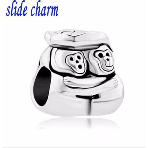 Slide charm Free shipping monkey couple animal shelter from the rain charm beads fit Pandora bracelet