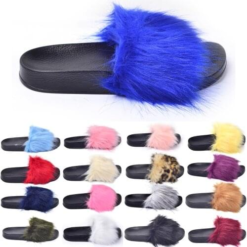 Women House Slippers Faux Fur Fashion Warm Shoes Woman Slip on Flats Female Slides Black Pink cozy home furry slippers sun