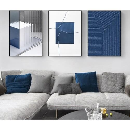 Nordic Sexy woman Blue Square pattern Wall Art Canvas Painting posters Abstract Line Prints Picture for Living Room Decoration