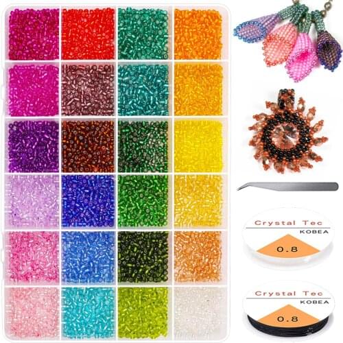 24 Colors Small Glass Seed Beads Kit With Elastic String Jewelry Pony Craft Beads DIY Bracelets Necklace Making in a Storage Box