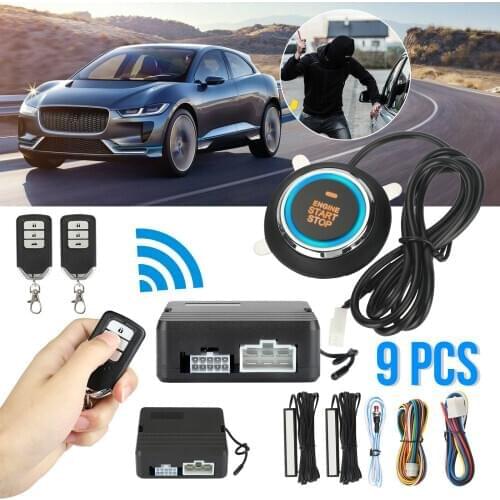 Q6A 12V Car Keyless Entry Smart Alarm Security System Kit Engine Push Start Button Lock Ignition Immobilizer with Remote Control
