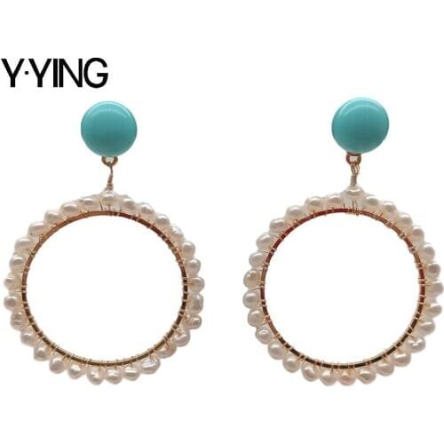Y·YING natural 3-4mm Cultured White Pearl Blue Turquoises stud Earrings Gold color plated circle shape