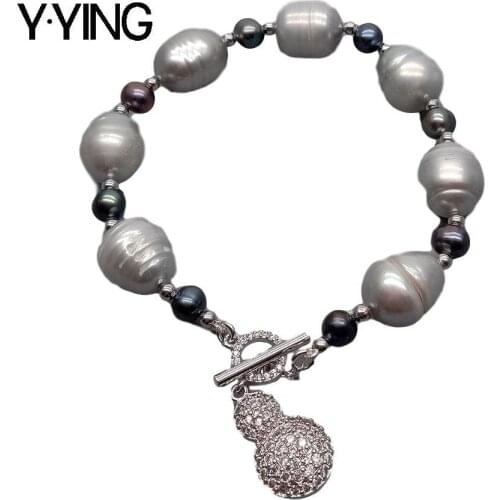 Y·YING natural Cultured Gray Rice freshwater Pearl Bracelet Cz pave Toggle Clasp 8" for women