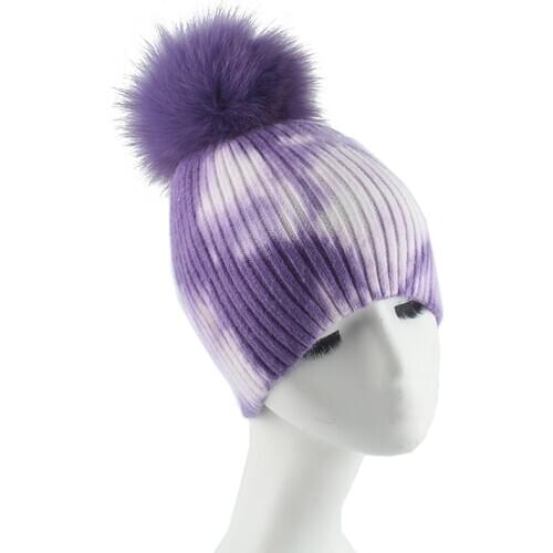 Tie Dye Print Beanie Winter Real Fur Pompom Hats For Women Fashion Brand Hip Hop Caps Wool Knitted Bonnets Skullies