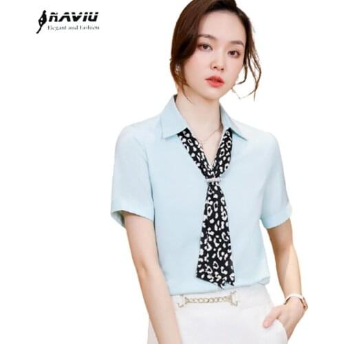 Naviu 2021 New Fashion Scraf Design Women Blouses Short Sleeve Chiffon Shirt For Office Lady Style Formal Summer Wear