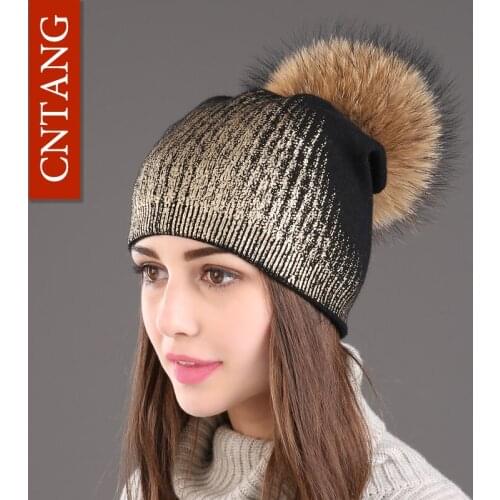 Women Beanies Print Gold Silver Color Hat Winter Knitted Wool Warm Hats Fashion Pompom Real Raccoon Fur Caps Multiple Styles