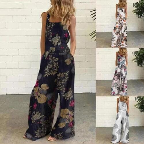 2021 Summer Women Sleeveless Sling Loose Baggy Long Pants Wide Leg Floral Casual Trousers Overalls Pants Solid Romper Jumpsuit