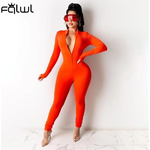 FQLWL Black White Solid Jumpsuit Women Long Sleeve One Piece Outfit V Neek Jumpsuits Female Fitness Zipper Bodycon Jumpsuits