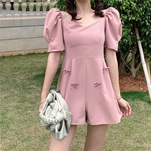 Summer Korean Fashion Casual Elegant Short Sleeve One-piece Playsuit Summer Bowknot Solid Square Collar One Shoulder Overalls